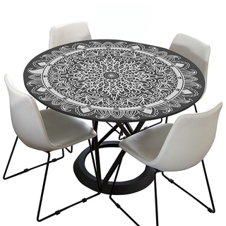 Morbuy Tischdecke Outdoor Rund 100 cm, Elastisch Rund Abwaschbar Tischdecken Wasserabweisend Lotuseffekt Garten Tischdecke Schwarz Mandala Table Cloth, Ideal für 80cm-90cm