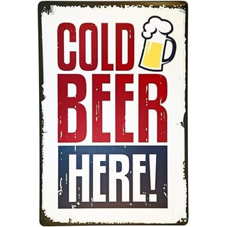Vintage Cold Beer Here Retro Vintage Metall Blechschilder Retro Garage Schilder für Männer Wanddekorationen Altes Auto Shop Poster Öl- und Tankstelle Schild Man Cave Decor 30,5 x 20,3 cm