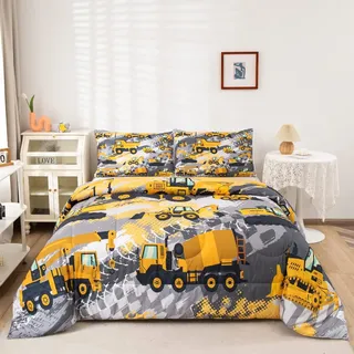 Feelyou Kinder-Bettwäsche-Set für Jungen, Cartoon-Autos, Bagger, Traktor, Tröster-Set, Baumaschinen, LKW, Autos, Bett-Set mit 1 Kissenbezug, Gelb, Größe: Twin, Zeitgenössisch, für Kinder