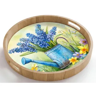 OnlyWow Tablett Rund mit Henkel Gießkanne - Lavendel - Blüten, Eichenholz, (1-tlg), Servierbrett Groß, Tischdeko, Platte, Tisch Deko 50 cm x 50 cm x 5 cm