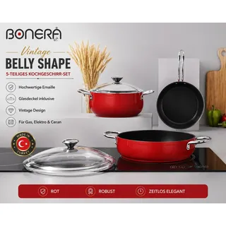 Bonera Vintage Belly Shape Kochgeschirr Set 5-teilig Rot | Emaille Töpfe & Pfann