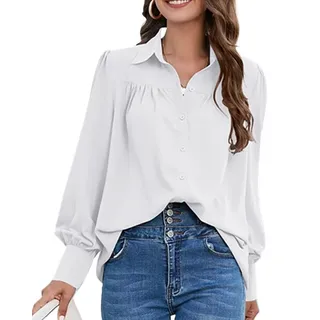 B.X 2-in-1-Shirt Damen-Blusenoberteil mit langen Ärmeln und Knöpfen lässig V-Ausschnitt Langarm-Hemden für Damen Reverskragen-Bluse einfarbig lockere Hemd weiß XL