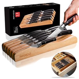 Messerblock Schublade mit Messer - RAXCO Premium Bambus-Messerblock für Schublade mit 5 Messern, Messerorganisator Messerhalter Schubladeneinsatz