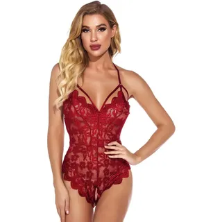 KOEMCY Body Dessous Damen Sexy Body Dessous Set Spitze Bodysuit Tiefer V-Ausschnitt Negligee Spitze Lingerie Top Einteiliger Babydoll Negligee Erotisches Reizwäsche Lingerie (Rot, L) - L