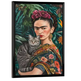 artboxONE Poster mit schwarzem Rahmen 18x13 cm Natur Frida Kahlo mit Grauer Katze - Bild Frida Kahlo Katze Pflanzen