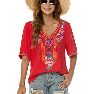 drakloak Boho Stickerei Bluse Hippie Kleidung Damen Bohemian Folklore Stickerei Bluse Kurzarm V Ausschnitt Tunika Sommer LäSsige Oberteil(443 RD 2XL) - XXL