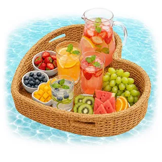 Relaxdays Schwimmendes Tablett Herz, Pooltablett für Getränke & Snacks, HBT: ca. 20x60x60 cm, Rattan, unsinkbar, Natur