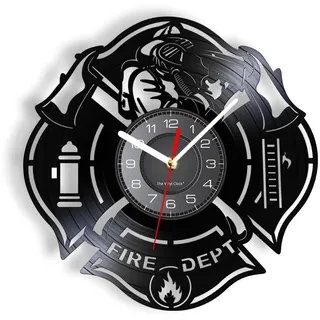 NIUBB 30 cm Deko wanduhr Feuerwehr-Logo, Wandschild, Feuerwache, Wanduhr, Feuerwehrmann, Vinyl-Schallplattenuhr, Feuerwehraxt, Heimdekoration, Vintage-Uhr, Geschenk