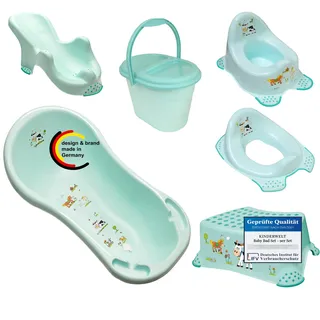 KiNDERWELT Baby Bad Set - 6er Set Funny Farm aqua für Babys - Badewanne, Badewannenständer, Badesitz, Topf, WC-Sitz, Hocker, Windeleimer, Ablaufschlauch, Waschhandschuh