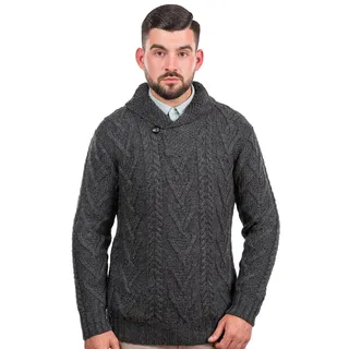 SAOL 100% Merinowolle Aran Herren Schalkragen Pullover mit eine Taste, in Natur/Holzkohle/Armeegrün/Marine/Meerblau - XXL