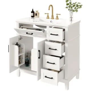 Merax Freistehender Waschtisch 90×46×87 cm, Badezimmerschrank mit Keramikwaschbecken, 4 Schubladen, Klappfach, Doppeltür, weiß