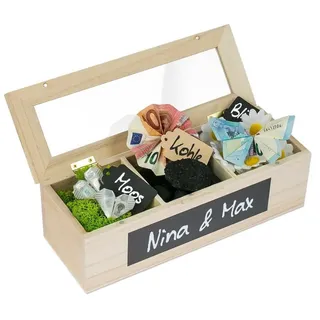 SURPRISA Schotter Schatulle - Verpackung Geldgeschenke Hochzeit, Geburtstag | Geschenkbox aus Holz (Paulownia), Geldgeschenke, 3 Fächer - Geldsynonyme, Anhänger und Tafelsticker inklusive, Wunscherfüller