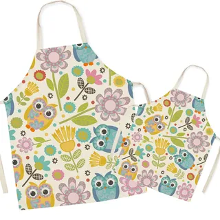 FOMAISELF Leinen Eltern und Kind Kochschürze-Niedliche Eulenmuster Mama und Kinder Schürze, Mama Sohn Tochter Schürzen zum Kochen Backen Malerei Party - Adult: 25.6 x 30 inches, Kid: 17.7 22 inches
