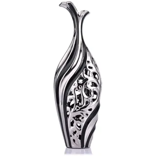 Schwarz Silberne Bodenvase 50cm Hoch, Keramik Große Deko Vasen Durchbrochen Kreative Vase Für Pampasgras & Trockenblumen,50cm Hohe Standvase für Home Office Hochzeit Weihnachten Einweihungsparty Dekor