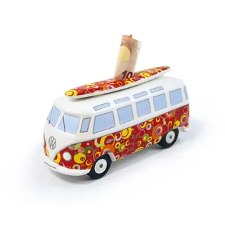 VW Collection by BRISA Spardose Volkswagen Sparschwein im T1 Bulli Bus Design mit Surfbrett, Geldbüchse aus hochwertiger Keramik orange