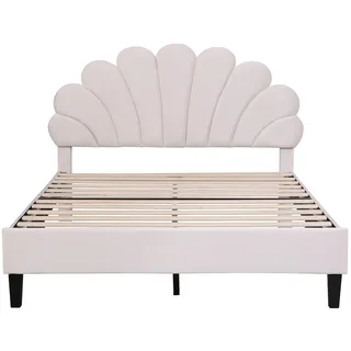 Merax Polsterbett Doppelbett 140 x 200 cm, Erwachsenen-bett in hautfreundlichem Samtstoff, Gästebett Beige