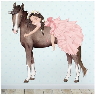 Sunnywall Wandtattoo Prinzessin Mädchen auf Pferd, Wandaufkleber Kinderzimmer, Pferde, selbstklebend, rückstandslos entfernbar braun|schwarz