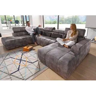 DOMO collection Wohnlandschaft BRANDON whlw. mit Sitztiefenverstellung, whlw. Nierenkissen, mit Kopfteilverstellung, wahlweise Sitztiefenverstellung, U-Form braun|grau