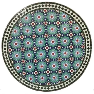 Casa Moro Esstisch Mosaiktisch D100 Ankabut Blau Grün rund mit Schmiedeeisen Gestell (Mosaik Gartentisch mediterraner Esstisch aus Marokko), handgefertigter Terrassentisch Kunsthandwerk aus Marokko MT2219 blau|grün|weiß