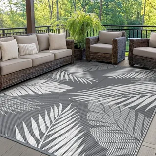GENIMO Outdoor Teppich Wetterfest 180x275cm Plastik-Strohhalm Matte | Waschbarer, Balkon Teppich mit botanischem Blattmuster für Camping, Garten, Wohnmobil, Terrasse Hinterhof – Grau Weiß