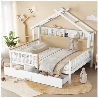 Flieks Kinderbett, Hausbett Doppelbett Kinderbett 140x200cm mit 2 Schubladen und Regal weiß