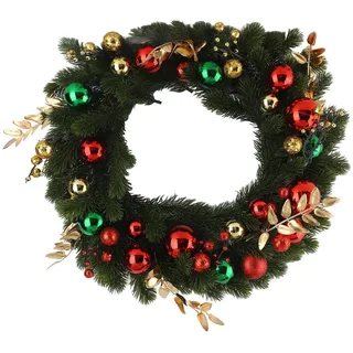 Gonetre Rot-grüner Weihnachtskranz mit LED-Lichtern für Weihnachtsdekorationen an der Haustür, 50 Cm, Karminrote Beeren, Tannenzapfen, Girlande, Weihnachtsdekorationen, Türkränze für (D)