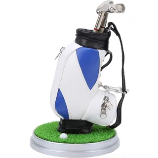 Dilwe Golf-Stifthalter, Schreibtisch-Organizer aus Zinklegierung und PU-Leder mit 3 Stiften und Rasensockel, Minigolf-Tasche, Bürodekoration, Geschenk für Golfer (Blau Weiß)