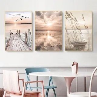 Sarah Duke 3er Poster Strand Set Modern Pampasgras Wandbilder Sonnenuntergang OHNE Rahmen Boho Bild für Schlafzimmer Wohnzimmer Wanddeko (Stil A,30x40cm)