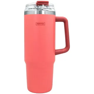 Nerthus FIH 1438 Thermobecher 900 ml koralle mit Deckel und Strohhalm ideal für Arbeit Auto Reisen