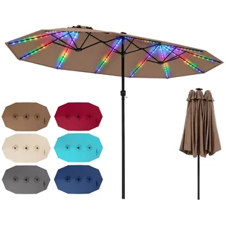 COSTWAY Doppelsonnenschirm 440x260 cm mit LED-Beleuchtung, Sonnenschirm | Gartenschirm mit 12 Beleuchtungsmodi, 2 Lademöglichkeiten, Terrassenschirm mit Kurbel, Marktschirm für Garten, Terrasse