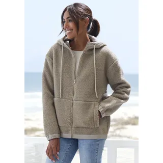 Fleecejacke ELBSAND, Damen, Gr. 36, grau (taupe), Fleece, Obermaterial: 100% Polyester, unifarben, gerade hüftlang, Bündchen, Jacken Fleecejacke, Übergangsjacke aus Teddy-Fleece mit verstellbarer Kapuze, Topseller