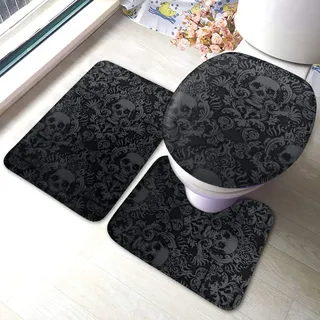 BLSYP Stützteller Victorian Gothic Wallpaper Black Skull Damask Soft Flannel Bathroom Rug Mats 3 Piece Set Bath Mat + Contour Rug + Toilet Lid Cover with Non-Slip Backing Pad