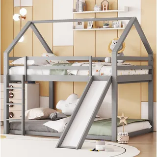 Etagenbett Hausbett Aus Kiefernholz Und Mdf Grau 140x200 Cm Mit Rutsche, Leiter Und Lattenrost