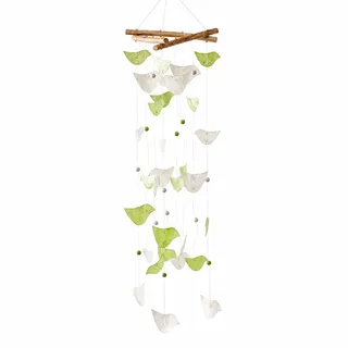 Windspiel Vögel [handgearbeitet] Grün Weiß Capiz 21 x 60 cm | Fensterdeko, Balkondeko und Wintergarten Deko aus Capizmuschel, Holz, Rattan und Nylonfäden, Vogelmotiv, Aufhängung 23 cm