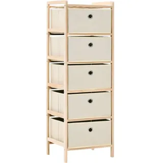 Makastle Holz Standregal mit 5 Stoff Schubladen - 32 x 26 x 93 cm - Badregal Holzregal Ablage Regal Badregal Regal Wäschekorb Wäschesammler Sortierer Wäschekörbe - 5 Fächer für Wäsche, Beige