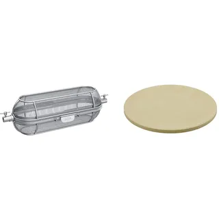 RÖSLE Drehspießkorb, silberfarben & Vario Pizzastein, Hochwertiger Pizzastein aus Cordierit zur Zubereitung von Pizza, Flammkuchen, Brot usw. auf dem Grill oder im Backofen, 30 cm