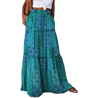 BETYFUL Maxi Rock Damen Langer Sommer Blumen Boho Hohe Elastische Taille Maxirock Stufenrock mit Taschen,A-Linie Strandrock - L