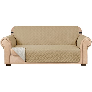 subrtex Gesteppt Sofabezug Reversibel Sofaüberwürfe mit Gummiband schonbezug Sesselschoner Sesselhusse mit Armlehnen für Wohnzimmer Sofas(3 Sitzer,Khaki)