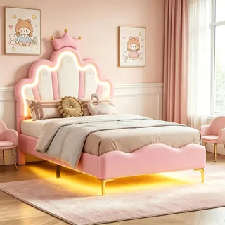 Quiaviank Kinderbett Polsterbett 90x200cm mit LED-Beleuchtung, Einzelbett mit Verstellbares Wolkenförmiges Kopfteil mit Krone, Mädchen Bettgestell mit Lattenrost, Ohne Matratze, PU, Rosa