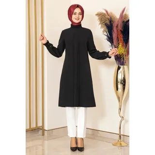 Modavitrini Longtunika Damen Tunika gerippte lange Hijab Tunika Modest (NERVÜRLÜ TUNIK) Hochgeschlossener Rundhalskragen schwarz 38(EU 36)