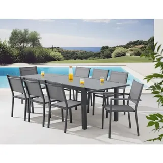 SABAIDECO Gartenset für 8 Personen, grau – ausziehbarer rechteckiger Aluminium-Tisch 120–240 cm mit 2 Armlehnsesseln & 6 Stühlen - Grau