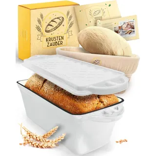 KRUSTENZAUBER Emaille Brotbackfrom mit Deckel inkl. Gärkorb - Robuste 28cm Backform aus Gusseisen - Ideal als Kastenform, Toastbrot Backform, Brot... - Weiß