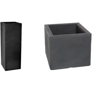Dehner Säulentopf Palermo, Schieferoptik, ca. 80 x 30 x 30 cm, Kunststoff, anthrazit & Blumenkübel Palermo, Schieferoptik, ca. 30 x 30 x 26 cm, Kunststoff, anthrazit