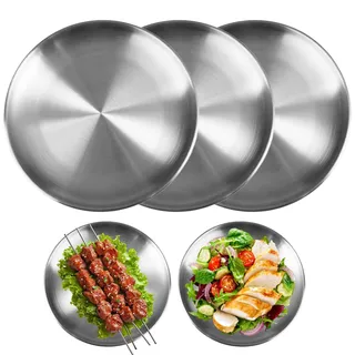 3 Stück Edelstahl Teller, 20 cm Camping Teller Edelstahl Silberne Runder Edelstahlteller Robuste Ungiftig, Spülmaschinenfestes Edelstahls Geschirr Ideal für Restaurants, Picknicks, Küchen und Partys