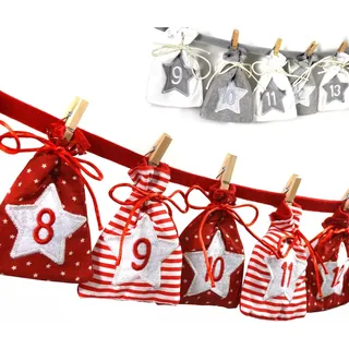 Frau WUNDERVoll® Adventskalender zum Befüllen - Stoff, rot weiß/Weihnachtskalender Zahlen Beutel Sack Säcke Säckchen Stoffbeutel Baumwolle Baumwollsäckchen Geschenkbeutel Stoffsack Stoffsäckchen