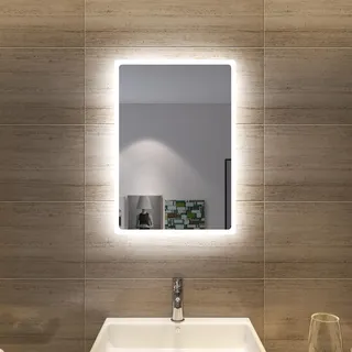 SONNI Badspiegel mit Beleuchtung 60x40 cm Kaltweiß vertikal & horizontal | HD Spiegel kupfer- & bleifrei mit staubdichter Rückwand IP44. Nur über Wandschalter. für Renovierung & Gewerbeimmobilien