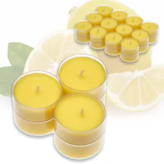 Candelo Duftteelichter 24 Stück Teelichter Zitrone Set 4 Std Kerzen | Duftkerzen, Citronella, Zitronenduft, Kunststoffhülle, Sommer, Terrasse, Frühlingsdeko Kerzen, Fliegenabwehr
