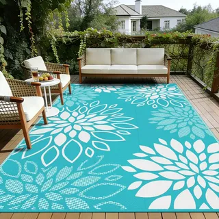 SHACOS Outdoor Teppich Wetterfest, Wendbarer Vorzeltteppich UV-Beständig, Balkon Teppich Leicht Kunststoff, für Camping Wohnmobil Garten Terrassen, Blumen Türkisgrün, 270 x 360 cm