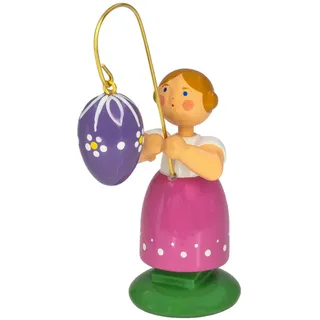 Seiffener Volkskunst Jan Legler | Handgeschnitzte Erzgebirge Frühlingsbote Ostermädchen Dekofigur | Traditionelle Dekoration für Ostern | Osterschmuck 8.5 cm | mit lila Ei