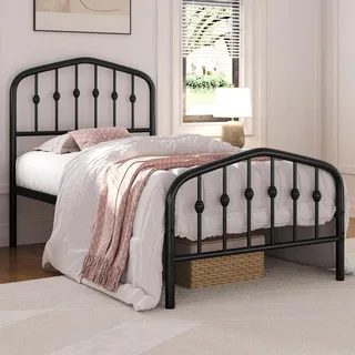 Yaheetech Bettrahmen 90 x 200 cm, Vintage Metallbett mit kronenförmigem Kopfteil, Stabiles Bettgestell Einzelbett aus Metall, Robust & Leichte Montage Gästebett Jugendbett Tagesbett, Schwarz